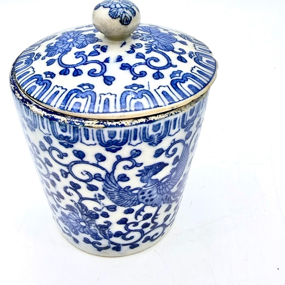 Antique Morimura Bros Blue White‎ Porcelain Phoenix Lidded Jar Cup Japan